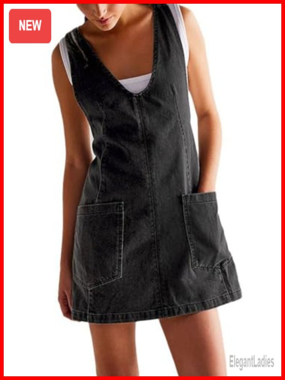 Sleeveless V-Neck Denim Overall Mini Dress Adjustable Strap Pockets
